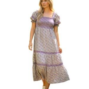 CAARA Smocked Tiered Midi Dress Purple Floral Puff Sleeve Boho Cottage Womens M